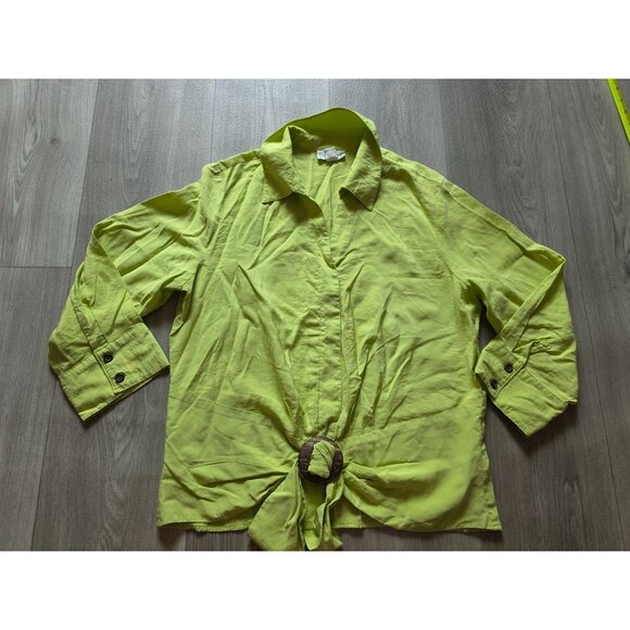 Coldwater Creek M Lime Green Buttoned Long Sleeve Tie-Front Blouse - Picture 4 of 9